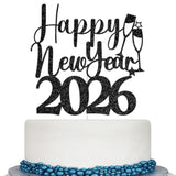 Happy New Year 2026 Cake Topper Black Glitter for Holiday & NYE Party