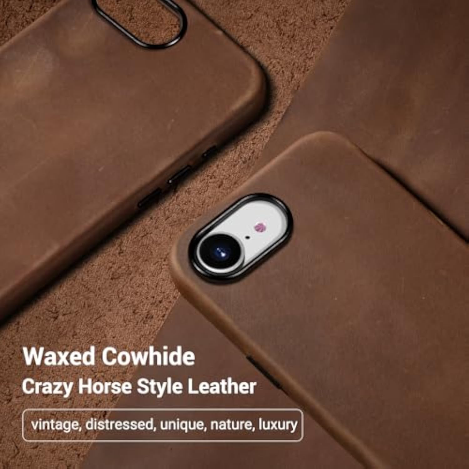 Vintage Brown Leather Case for iPhone 16e/iPhone 17e, Crazy Horse Leather Crafted Phone Case