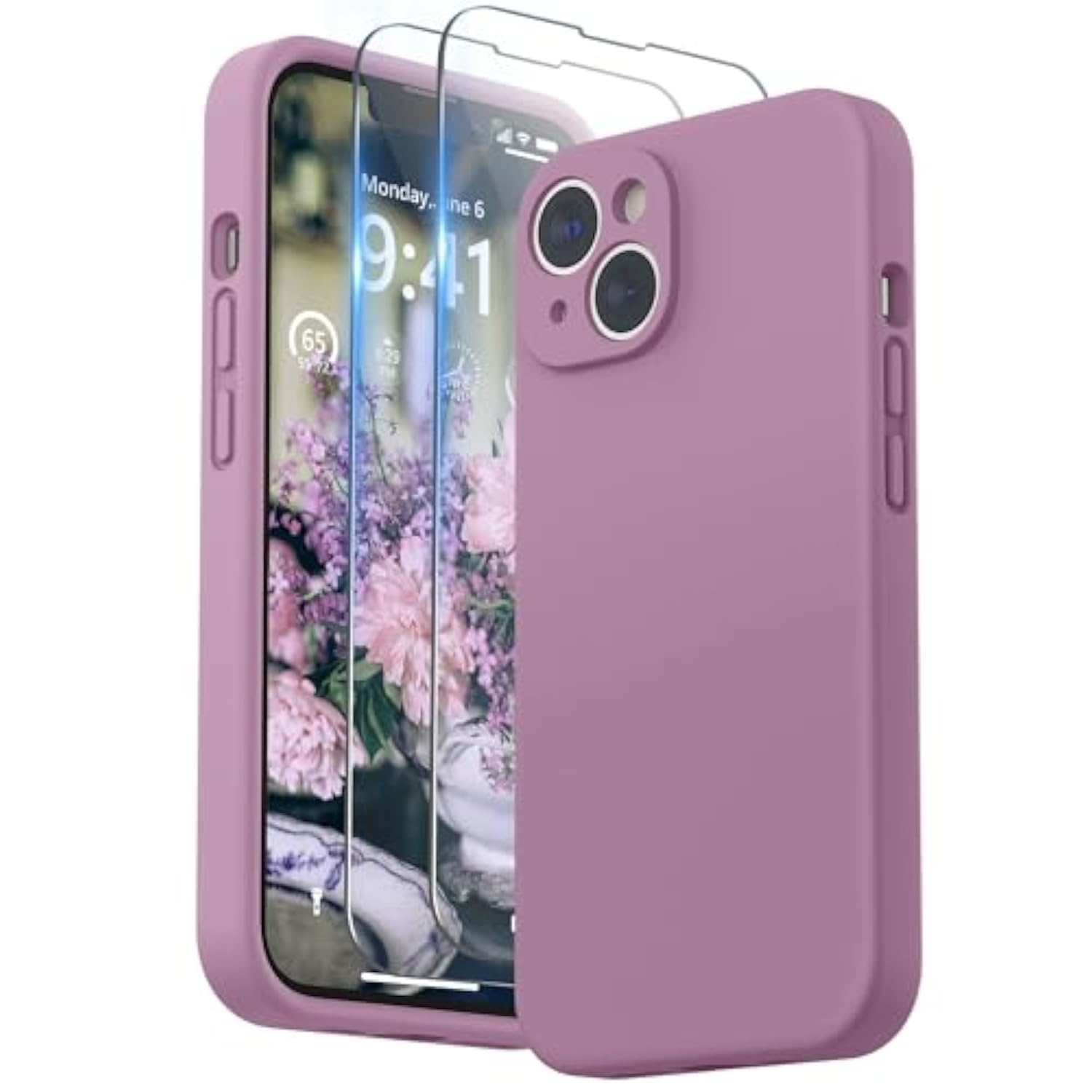 Compatible With 14 Case With Screen Protector (Camera Protection & Soft Microfiber Lining) Liquid Silicone Phone Case 6.1 Inch 2022, Lilac Purple
