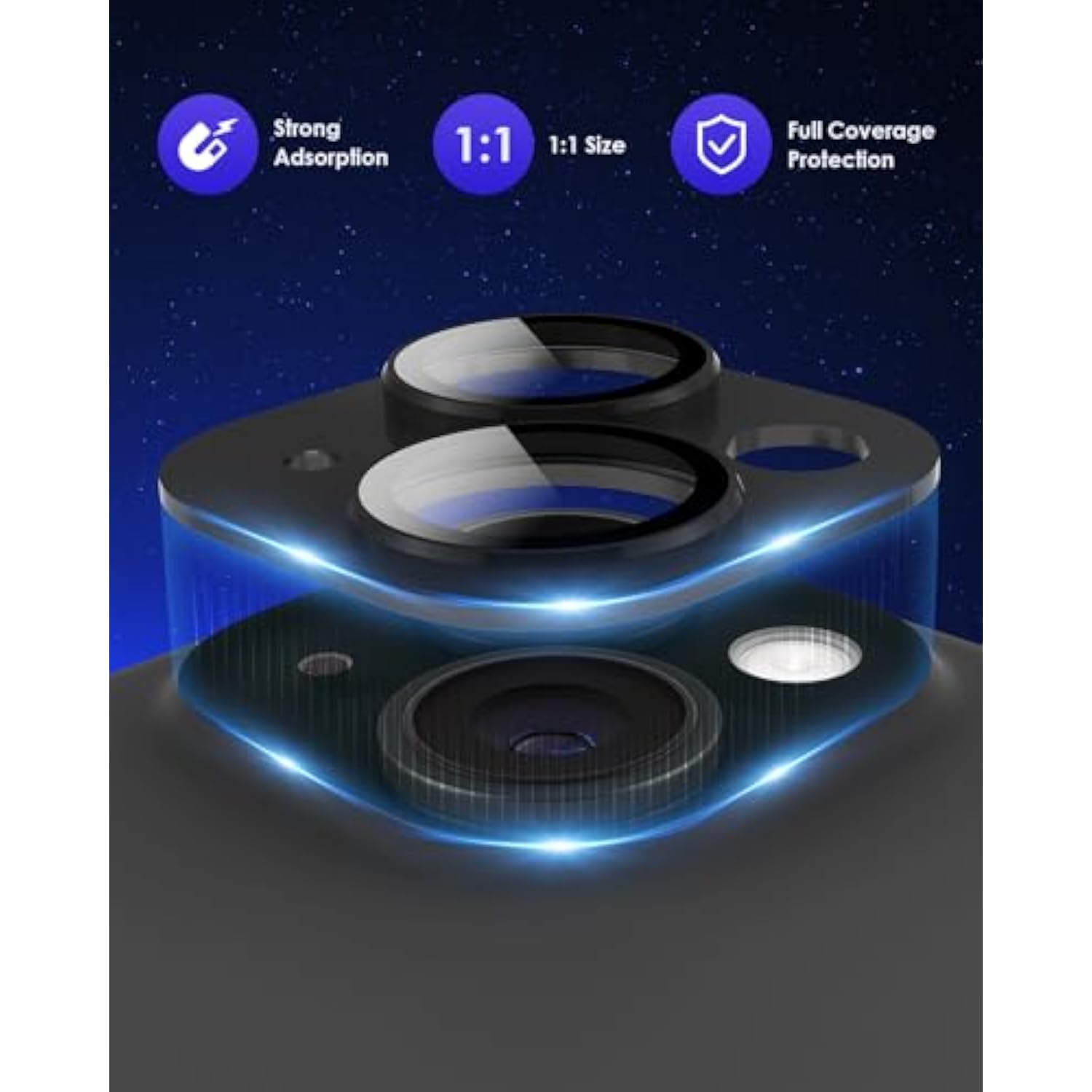 iPhone 15/15 Plus Camera Lens Protector, 9H Tempered Glass with Metal Ring, Black