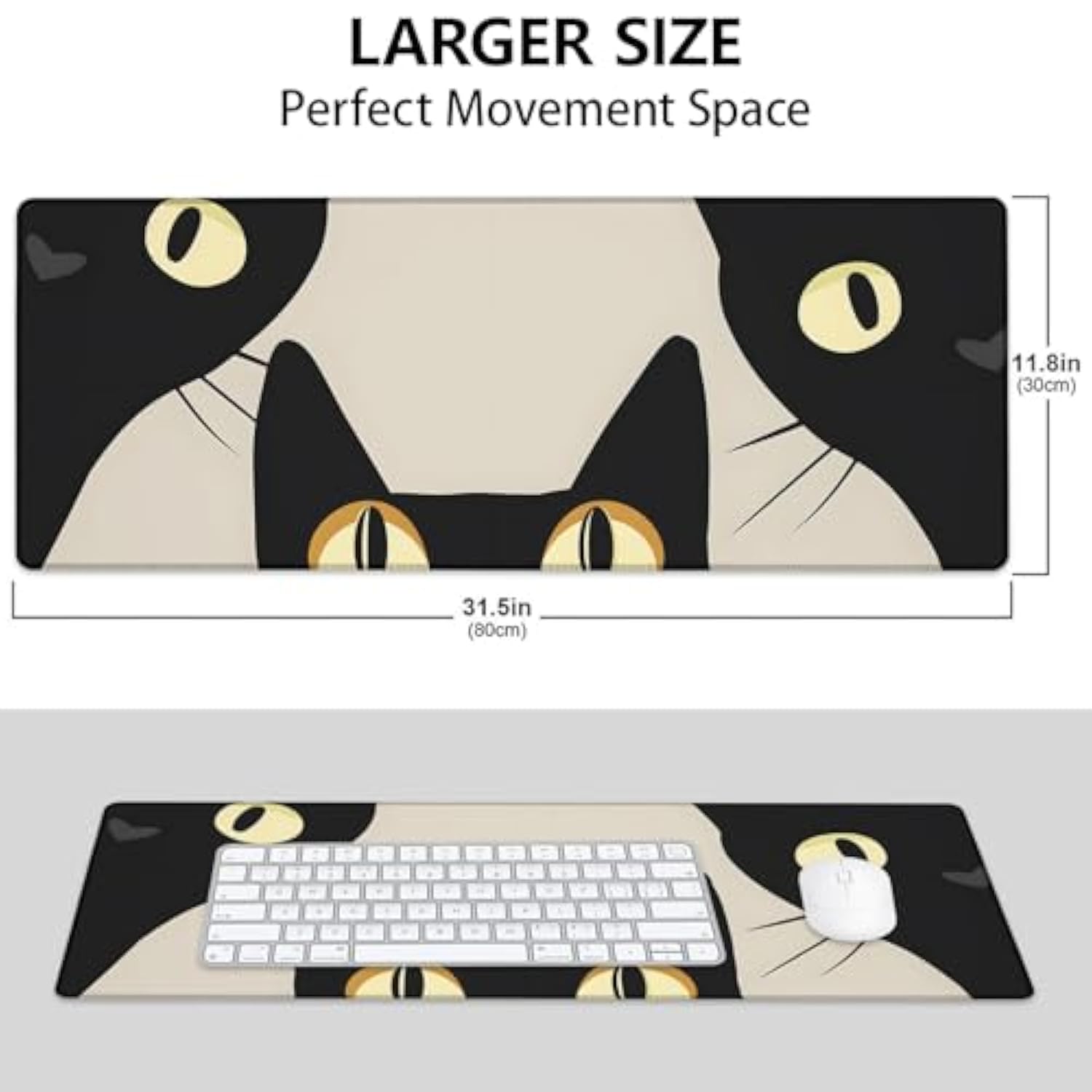 Black Cat Face Large Mouse Pad, Gaming Mouse Pad, Non-Slip Rubber Base, Office Accessories, Desk Mat, Cats Mousepads For School, Work, Home Decor Gifts 31.5" X 11.8"