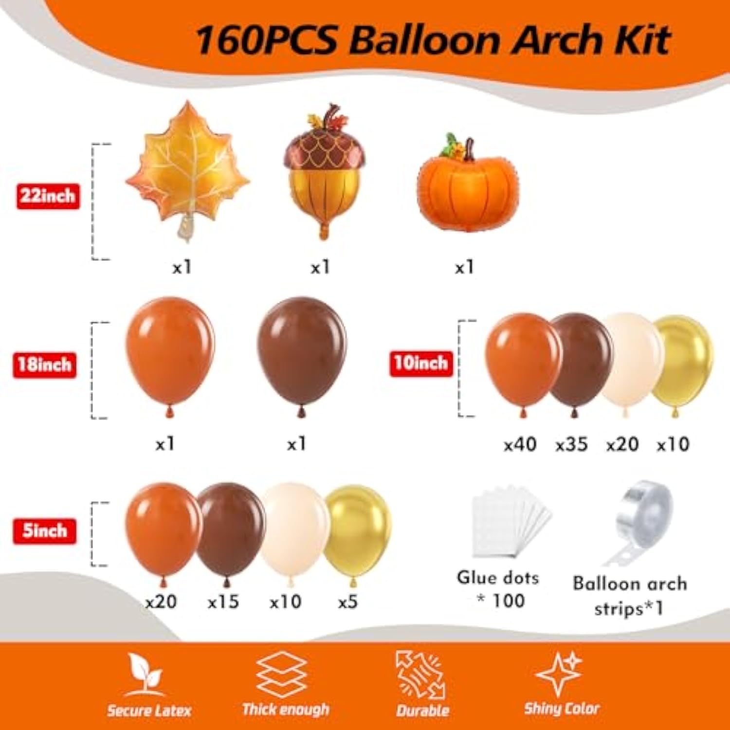 160PCS Fall Balloon Arch Kit with Orange Brown Gold White Balloons for Baby Shower