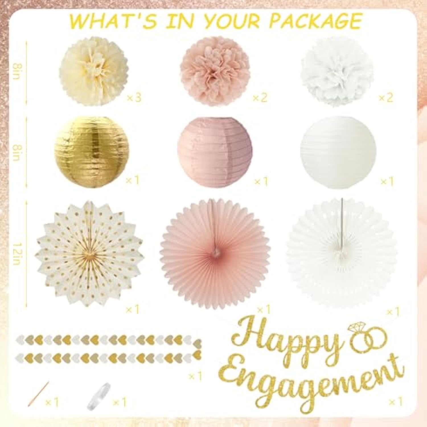 Champagne Gold Engagement Party Decorations - Engagement Banner, Heart Party Garlands, Tissue Paper Pom Poms, Fans And Lanterns Kit For Congratulations, Boho Engaged Decorations