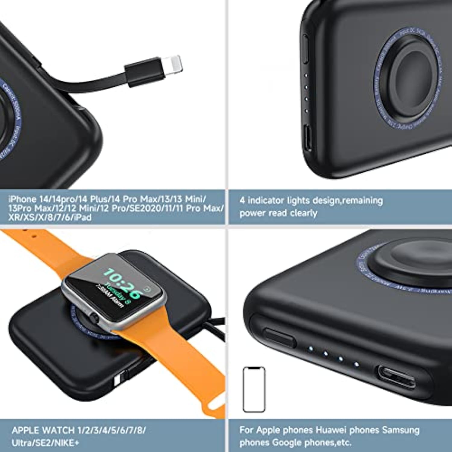 Portable Charger,5000Mah Mini Iwatch Magnetic Charger Power Bank With Charging Cable,Travel Charger External Battery Pack Compatible With Apple Watch/Iphone11/13/12/Smartphones/Airpods