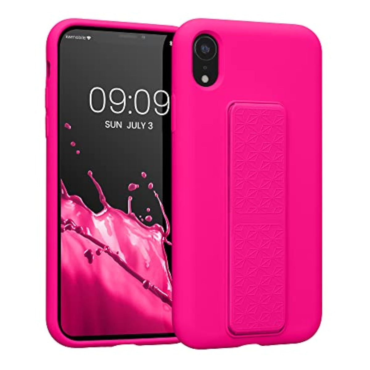 kwmobile Case Compatible with Apple iPhone XR - Case with Hand Strap and Stand Soft TPU Silicone Coating - Neon Pink