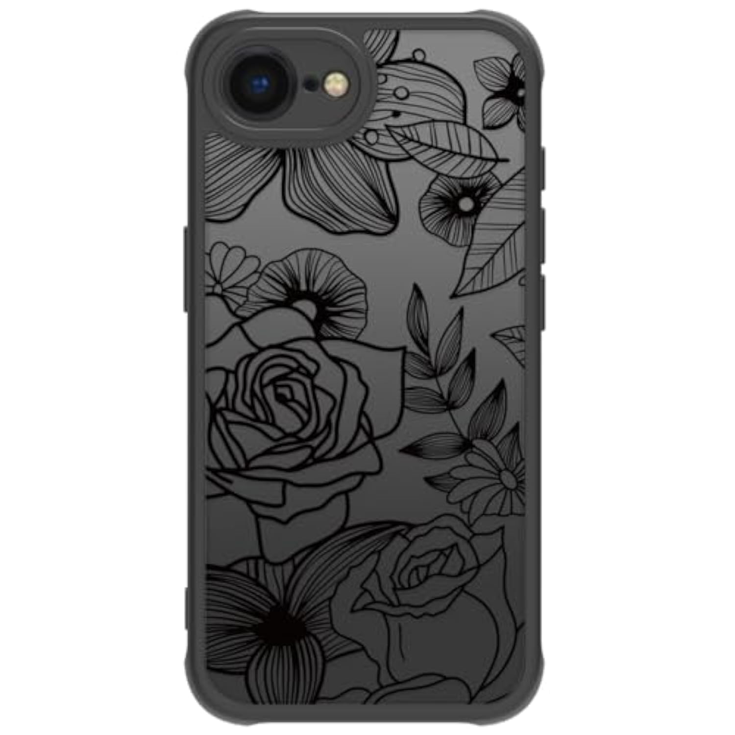 Cute Flower Phone Case Compatible With Iphone 16E, Rose Aesthetic Black Line Art Floral Pattern Print, Hard Pc Heavy Duty Protection Shockproof Cover For Girls Women