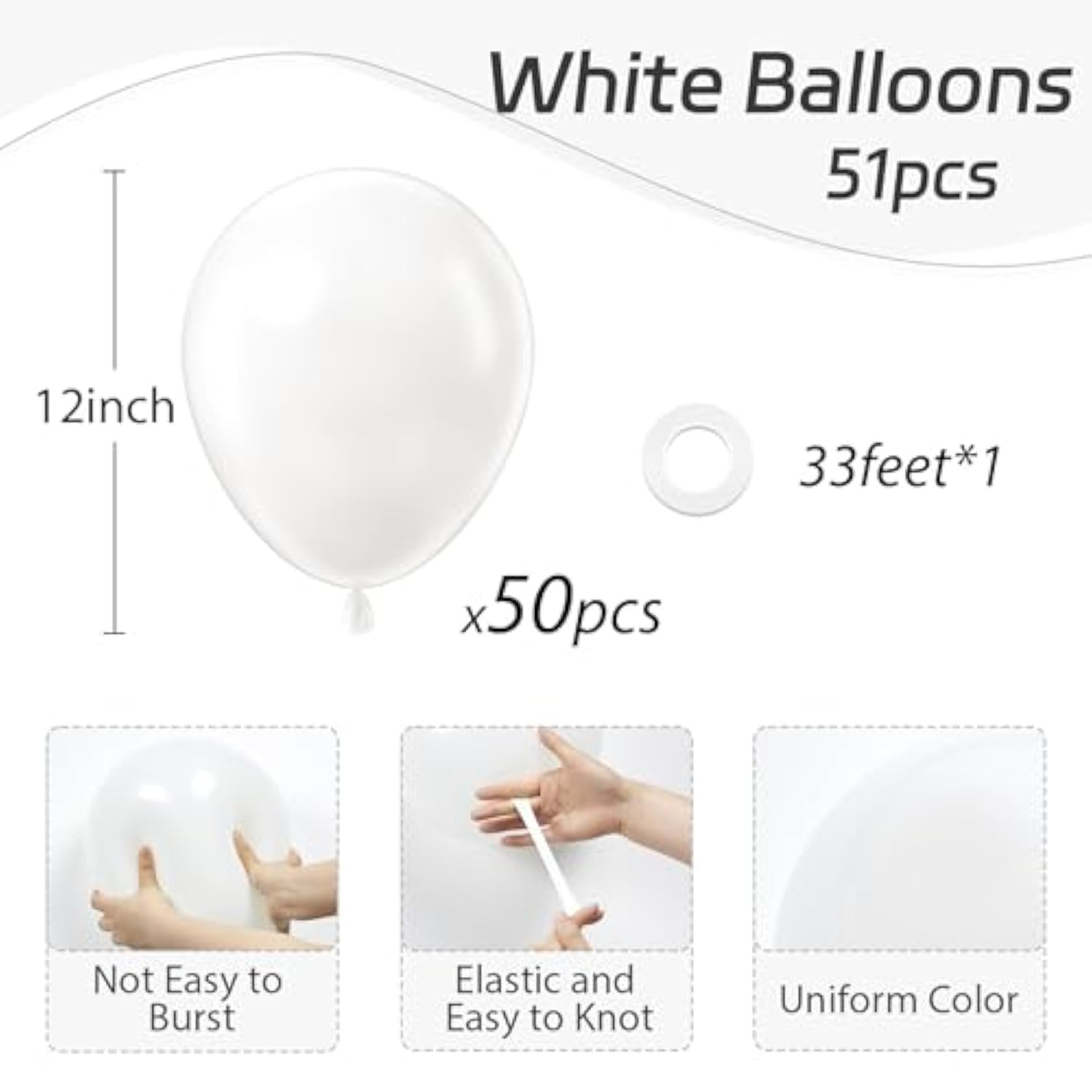 White Balloons 12 Inch 50Pcs Latex Balloons for Engagement & Wedding Party Decor