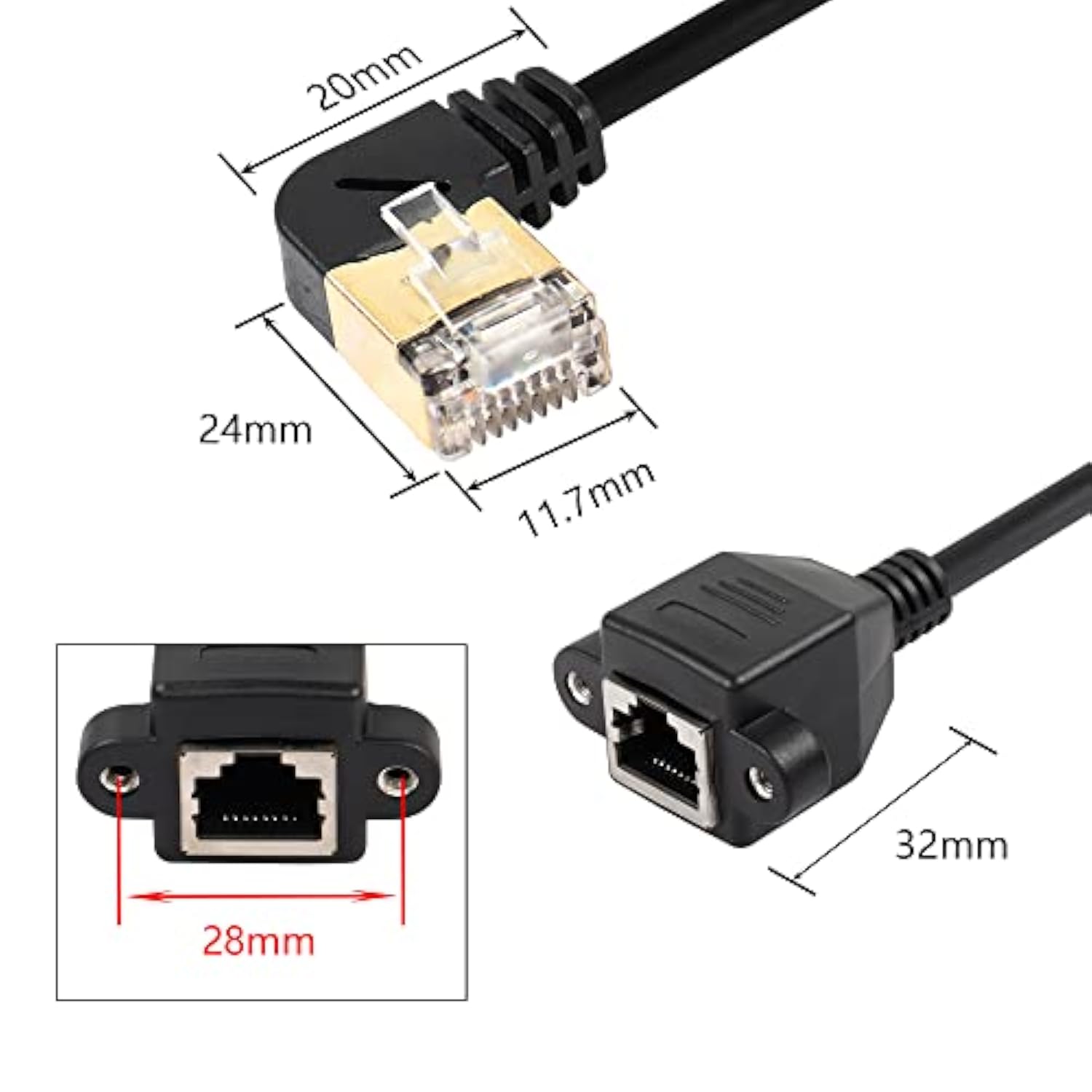 90 Degree Left Angle Cat8 Lan Cable, Rj45 Male To Female Shielded Ethernet Net
