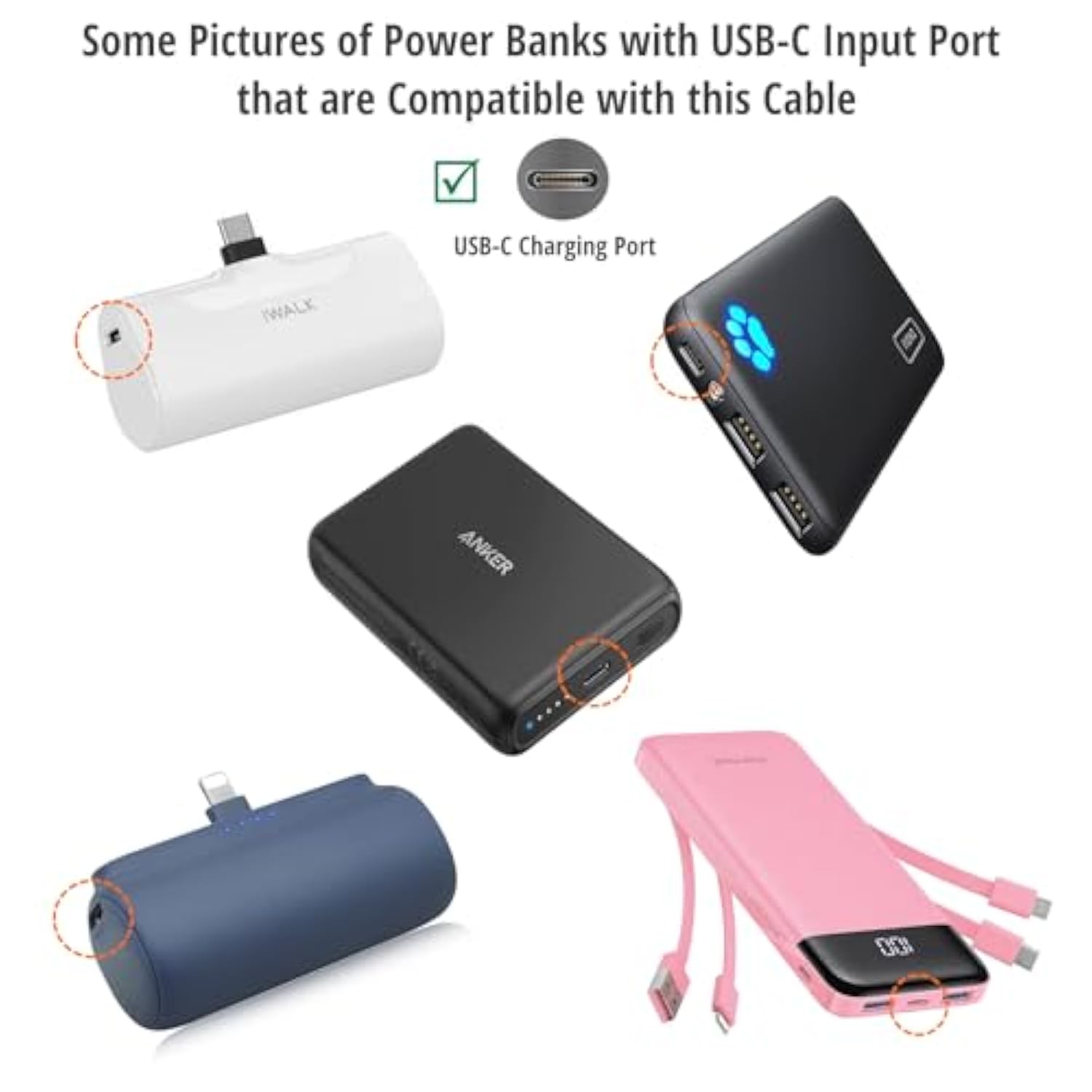 Usb-C Charging Cable Cord Wire For Power Banks Compatible With Iwalk, Spigen Pocketboost, Iniu, Ravpower, Bonai, Anker Usbc & Other Powerbanks With Usb C Input (See Pictures/Details Before Buying)