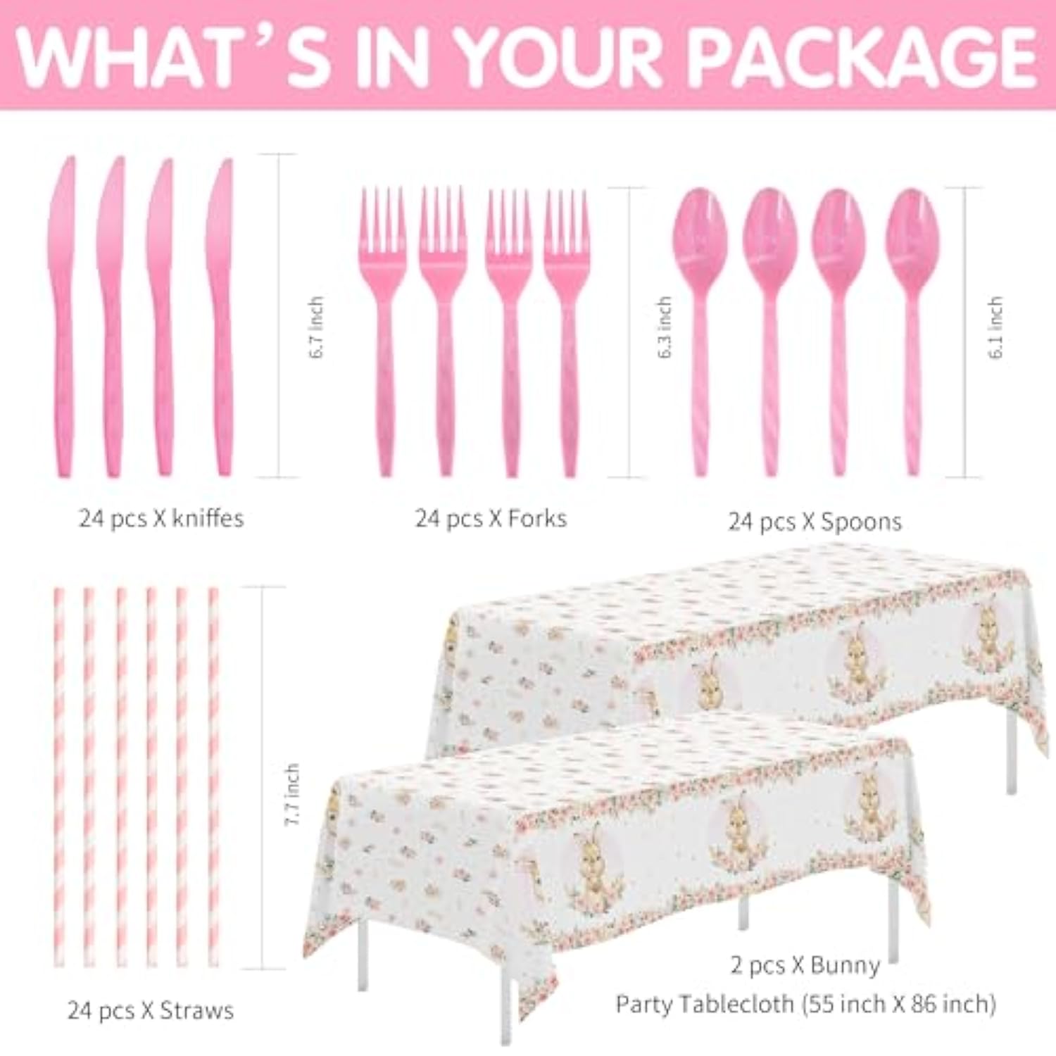 Bunny Birthday Decorations Tableware, Bunny Party Supplies, Paper Plate, Cup, Napkin, Tablecloth, Cutlery, Rabbit Bunny Party Decorations For Easter 1St 2Nd Birthday, Serves 24