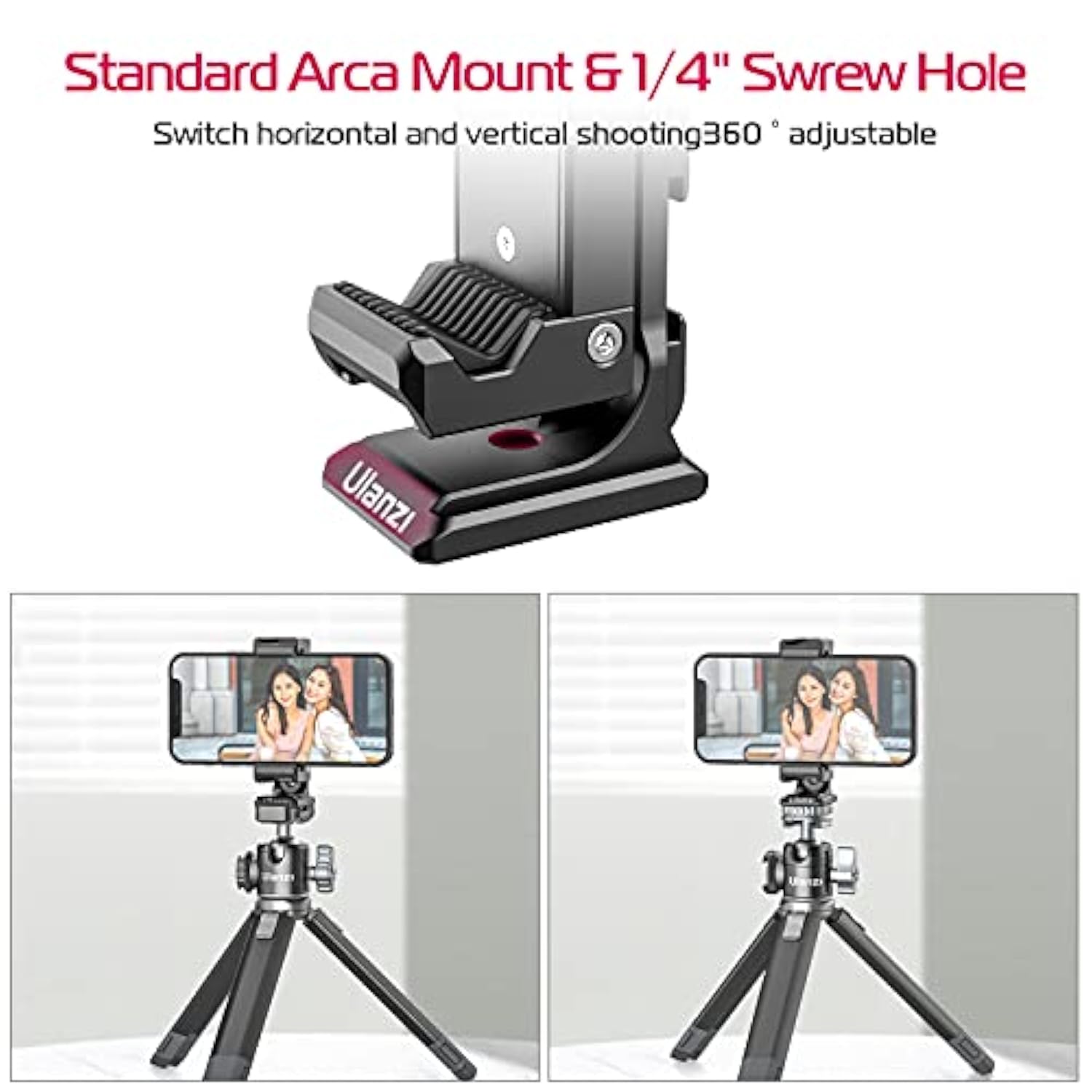 Metal Phone Tripod Mount 3 Cold Shoes & Arca Port, 360° Smartphone Tripod Adapter For Iphone Samsung Cell Phone Stand Holder For Desktop Tripod Video Live Streaming Vlogging Rig