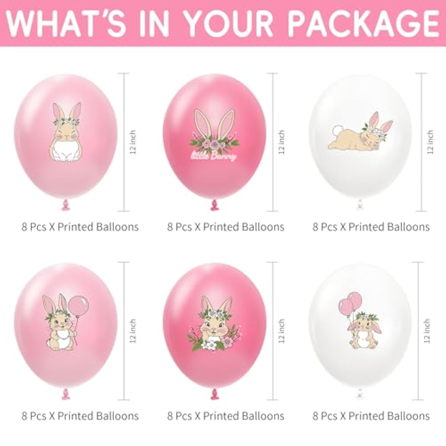 48 Pcs Bunny Birthday Decorations Balloons Set, Pink Rabbit Bunny Theme Print Latex Balloons Party Supplies For Birthday Baby Shower, Easter