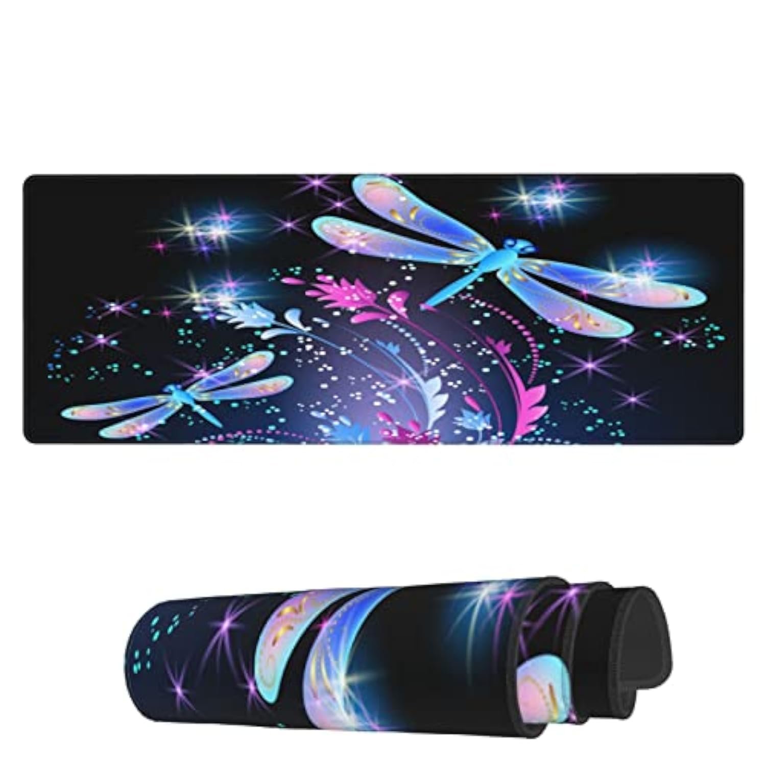 Laptop Mouse Pad Abstract Sparkle Dragonfly Roses Desk Mat With Stitched Edges 31.5X 11.8 Inch Non-Slip Large Keyboard Rubber Writing Table Mat For Office Home