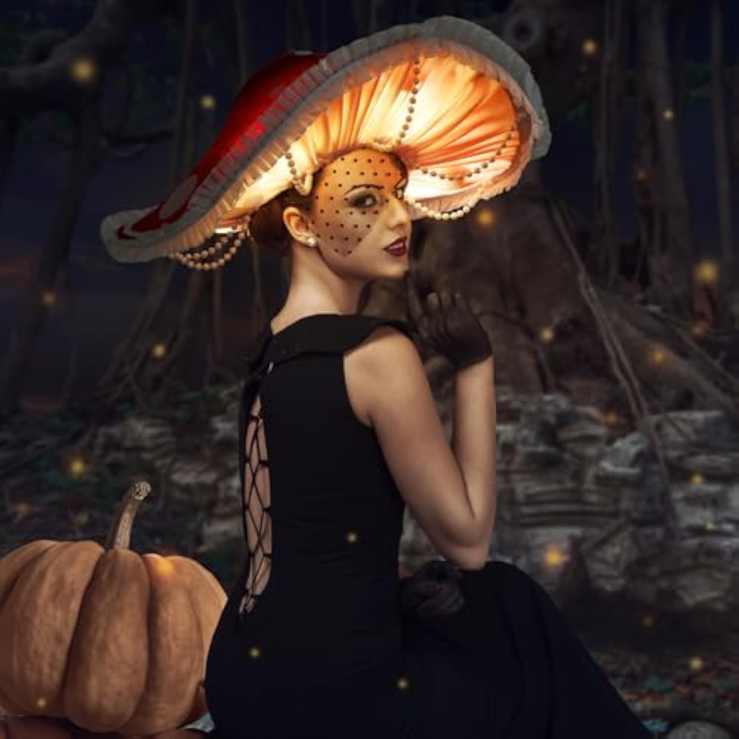 Led Mushroom Hat Gift Renaissance Halloween Costume Light Up Cosplay Fairy Party Hat Oversized With 10 Pcs Lights(Red)