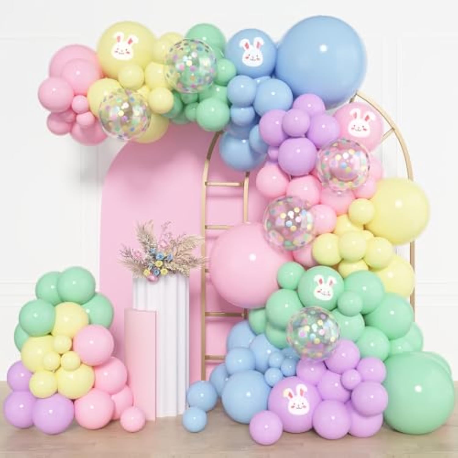 153Pcs Easter Balloon Arch Garland Kit, Different Sizes 18 12 10 5 Inch Pink Blue Green Latex Rabbit Print Confetti Pastel Balloons For Spring Wedding Rainbow Birthday Party Decorations