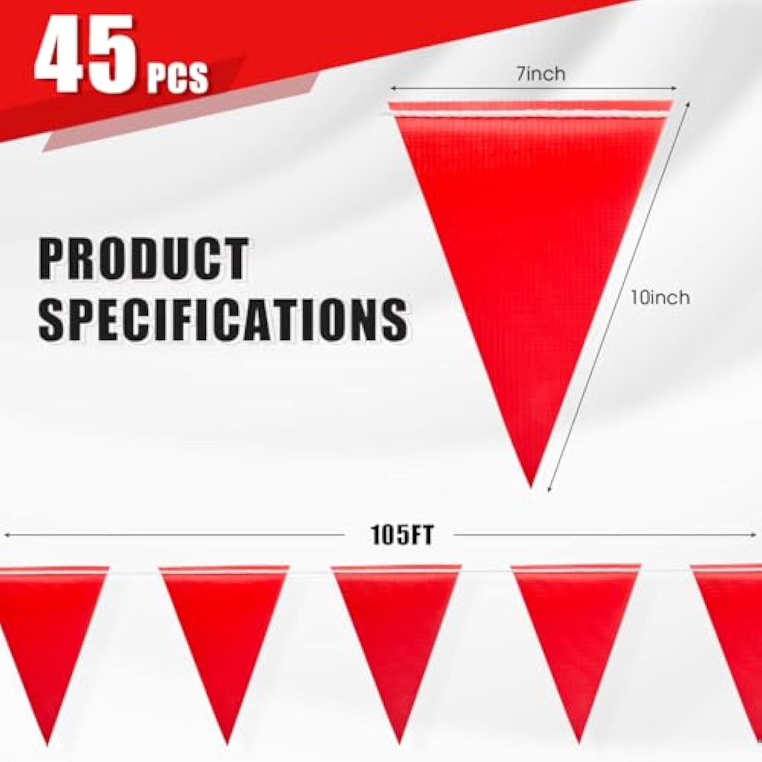 105Ft Safety Warning Pennant Banner Flags – Multipurpose Osha High Visibility Triangle Flags For Outside Fence, Roadwork, Party And Hazard Areas(Red,45Pcs,105Ft)