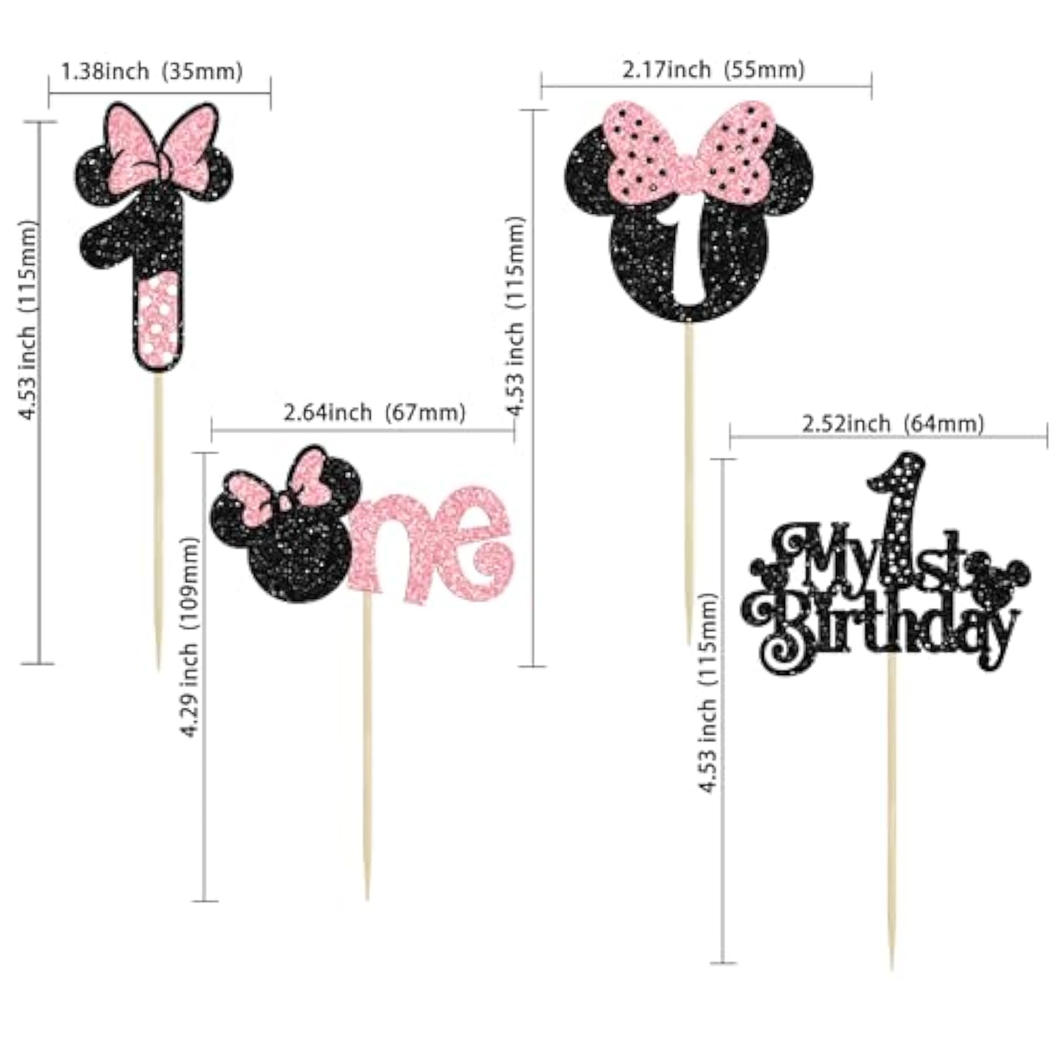 24Pcs Mouse 1St Birthday Cupcake Toppers, Pink Bow Mini First Birthday Cake Decorations Mouse One Cupcake Picks For Baby Shower 1St Birthday Party Decors Black Pink
