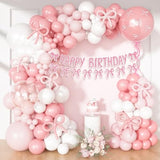 Pink Bow Balloon Arch Garland Kit Happy Birthday Banner, 24'' Double Stuffed Clear Balloon With Ribbon Bows Light Pink White Balloons For Women Girls Coquette Birthday Party Decorations