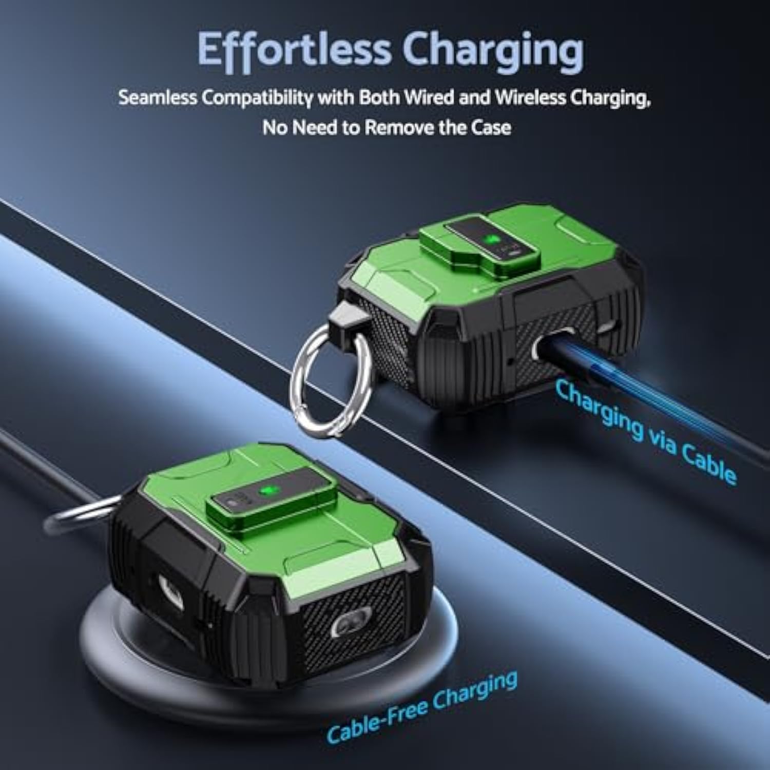 Armor Earphone Cover Case For Airpods Pro 2, Military Grade Full Body Shockproof Protection Hard Case, Support Wireless Charging With Keychain, Magnetic Lid, Front Led Visible, Green