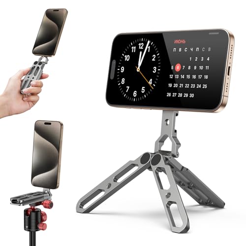 Magnetic Aluminum Phone Tripod Holder Mount Stand Handle with 1/4" Srcew & Cold Shoe & Arca-Swiss,Mini Pocket Foldable Cell Phone Stand,Compatible