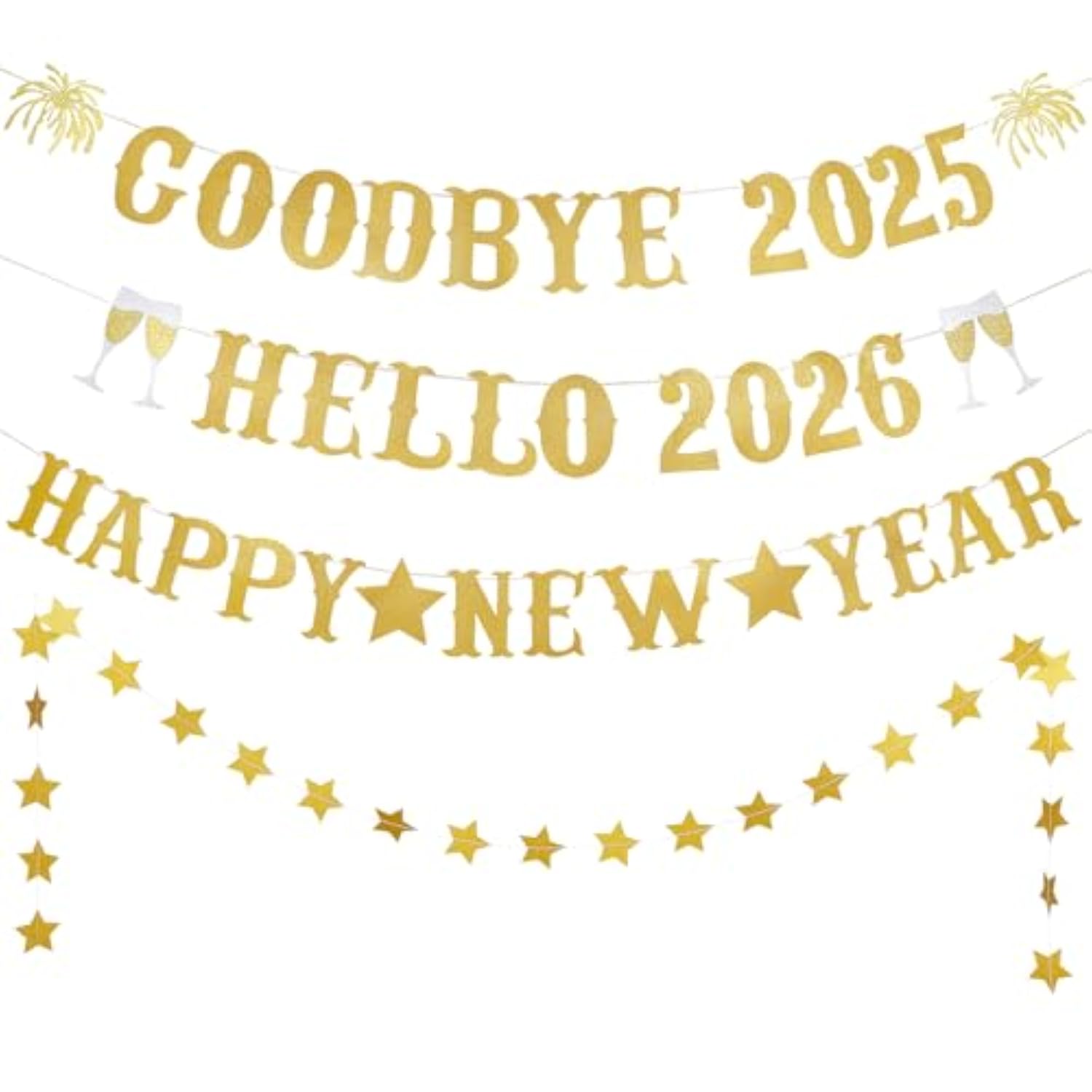 Gold Glitter Goodbye 2025 Hello 2026 Banner New Year’s Eve Party Decor