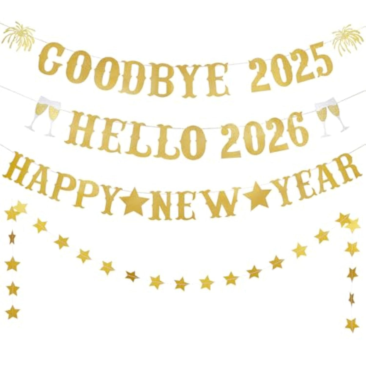 Gold Glitter Goodbye 2025 Hello 2026 Banner New Year’s Eve Party Decor