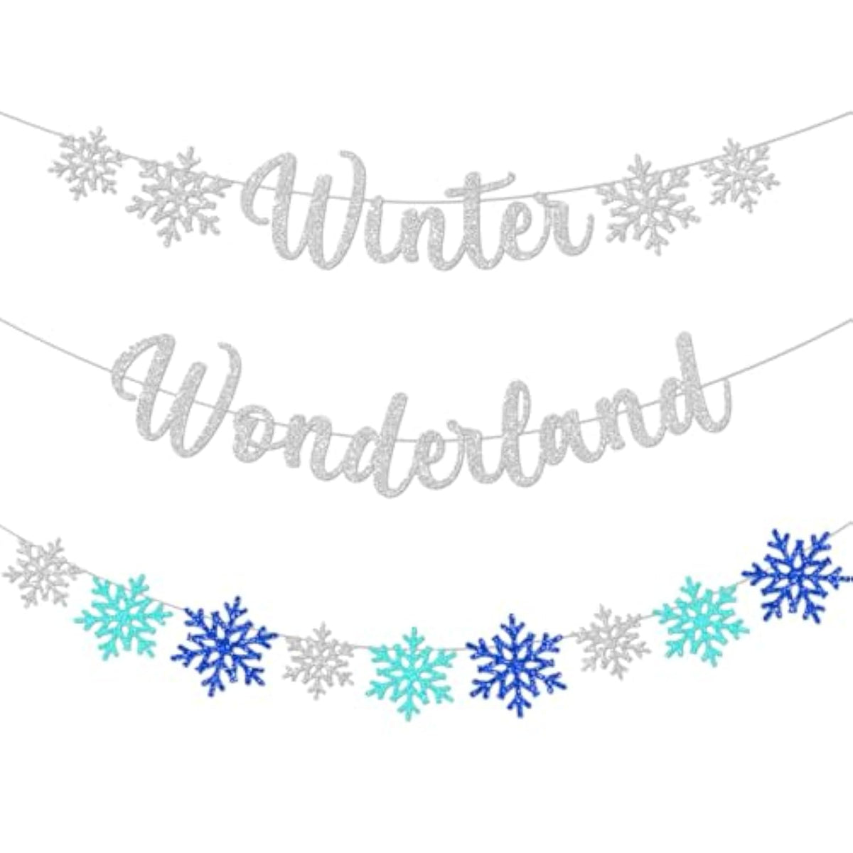 Silver Blue Winter Wonderland Party Decorations Snowflakes Banner Hanging Paper Garland Bunting Sign For Frozen Merry Christmas New Year Wall Fireplace Home Accessories Supplies