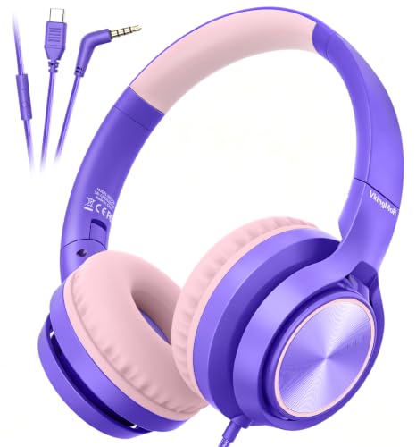 Kids Headphones for School Travel, Upgrade USB Type C Safe Volume 94dB, with Mic HD Stereo Sound Foldable On-Ear Headphones for