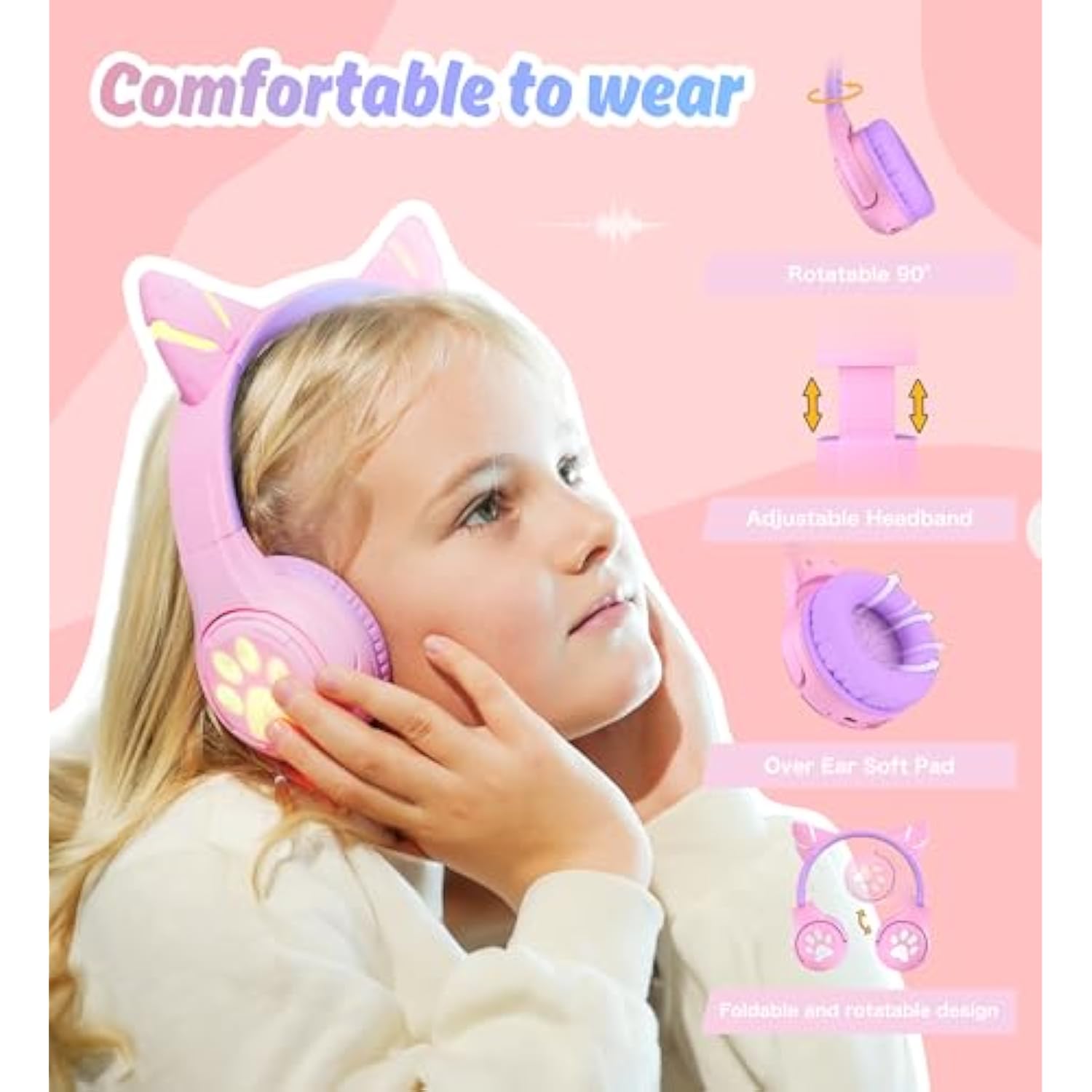 Cf9 Cat Ear Kids Bluetooth Headphones With Led Light Up,Safe 85Db Volume Limit,Built-In Mic&Boom Mic For Calls,Kids Wireless&Wired Headphones For Tablet/Airplane/School/Online Learning (Purple)