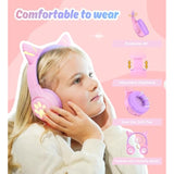 Cf9 Cat Ear Kids Bluetooth Headphones With Led Light Up,Safe 85Db Volume Limit,Built-In Mic&Boom Mic For Calls,Kids Wireless&Wired Headphones For Tablet/Airplane/School/Online Learning (Purple)