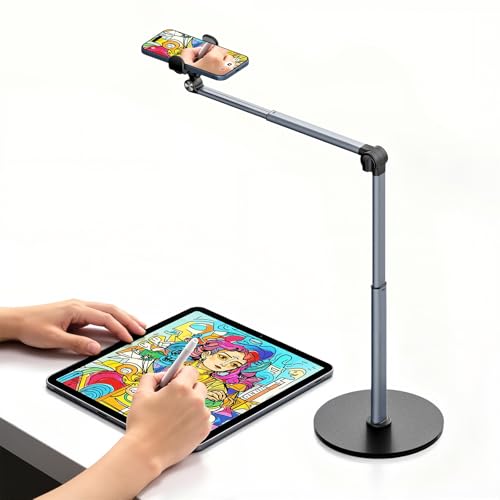 Overhead Tripod for iPhone, Heavy Duty Aluminum Overhead Phone Mount, Angle & Height Adjustable, Telescopic Arm, Overhead Phone Stand for Recording,