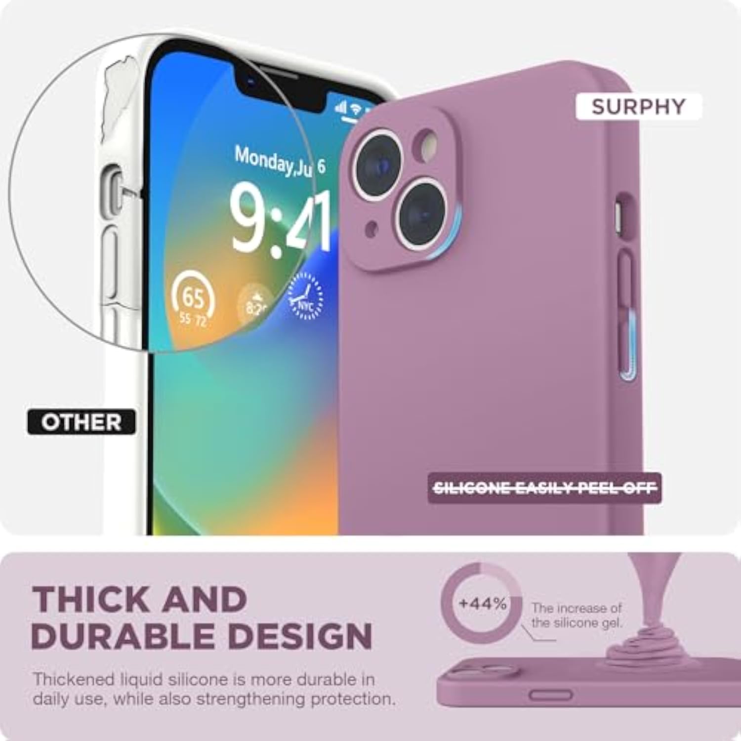 Lilac Purple Liquid Silicone Case for iPhone 14 Plus with Screen Protector and Camera Protection, Soft Microfiber Lining