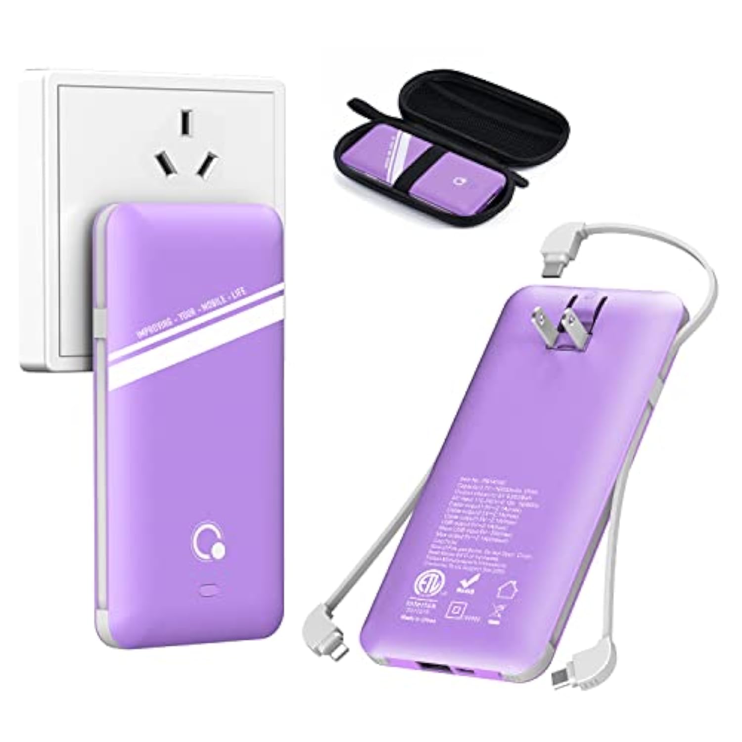 10000mAh Power Bank, Q Slim Portable Charger,4 Output External Battery Pack with Built-in AC Wall Plug Micro USB C Three Cables Compatible with Different Kinds of Mobilephone (Purple)