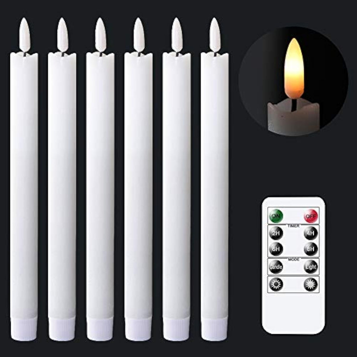 Flameless White Taper Candles Flickering With 10-Key Remote, Battery Operated Led Warm 3D Wick Light Window Candles Real Wax Pack Of 6, Christmas Home Wedding Decor(0.78 X 9.64 Inch)