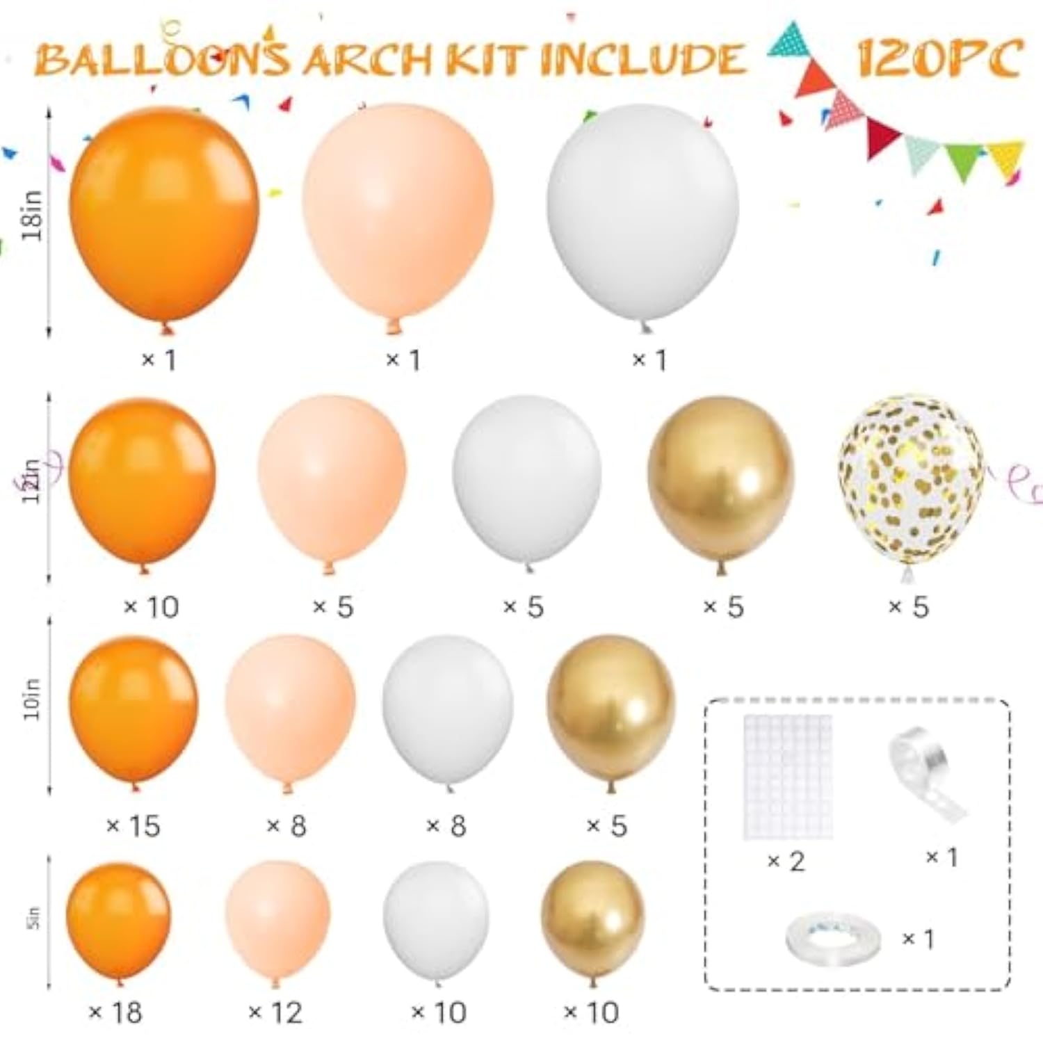 Orange Gold Balloon Arch Kit 120pcs White Confetti Balloons for Baby Shower Birthday Party
