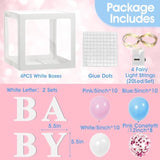 Baby Boxes With Letters For Baby Shower Decoration, 4 Pcs Clear Baby Balloon Boxes Blocks With Led Fairy String Lights 38 Balloons For Boy Girl Gender Reveal Birthday Party (White)