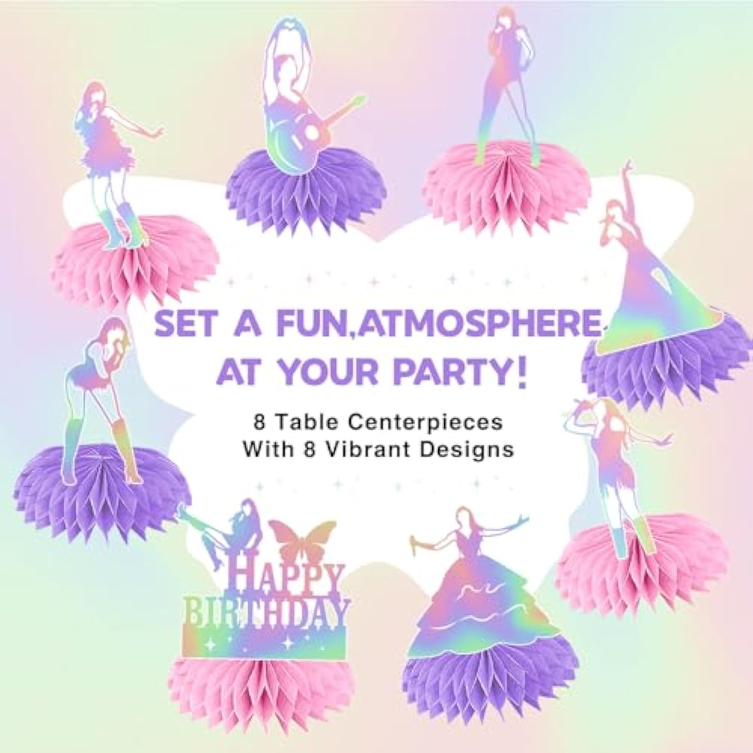 8 Pcs Iridescent Party Decorations Honeycomb Centerpieces, Happy Birthday Table Decorations, Birthday Party Decorations 3D Double Side Honeycomb Decorations For Birthday Day Party