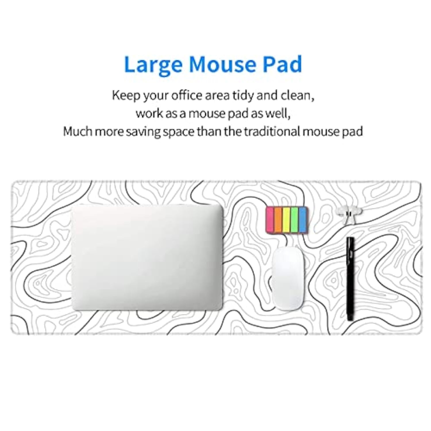 Abstract Topographic Map White Grey Black Gaming Mouse Pad Long Mouse Pad Large Desk Mat 31.5 X 11.8 Inch Mousepad With Nonslip Base Stitched Edge Keyboard Mat For Gaming Office