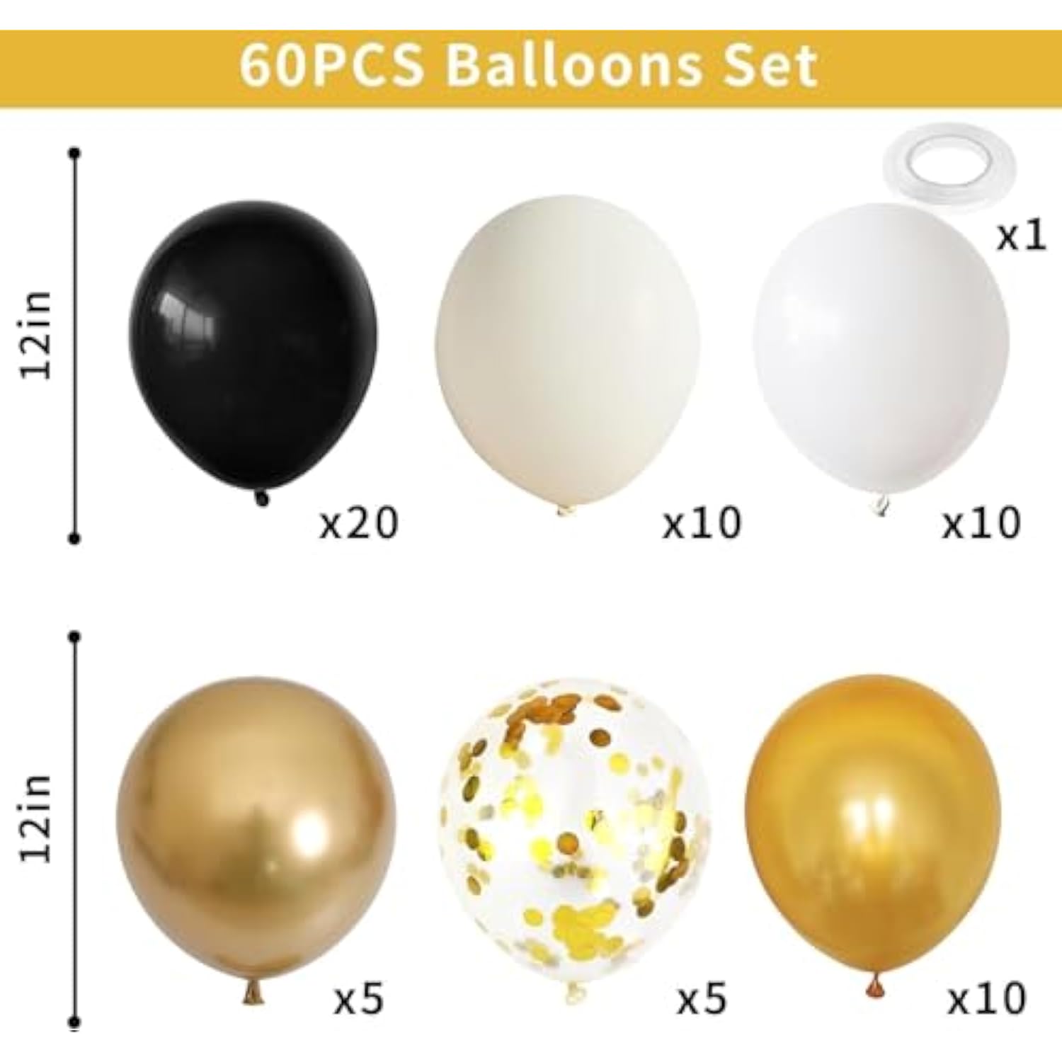 60pcs Black Gold Beige Balloons with Metallic Confetti for Party Decorations