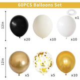 60pcs Black Gold Beige Balloons with Metallic Confetti for Party Decorations