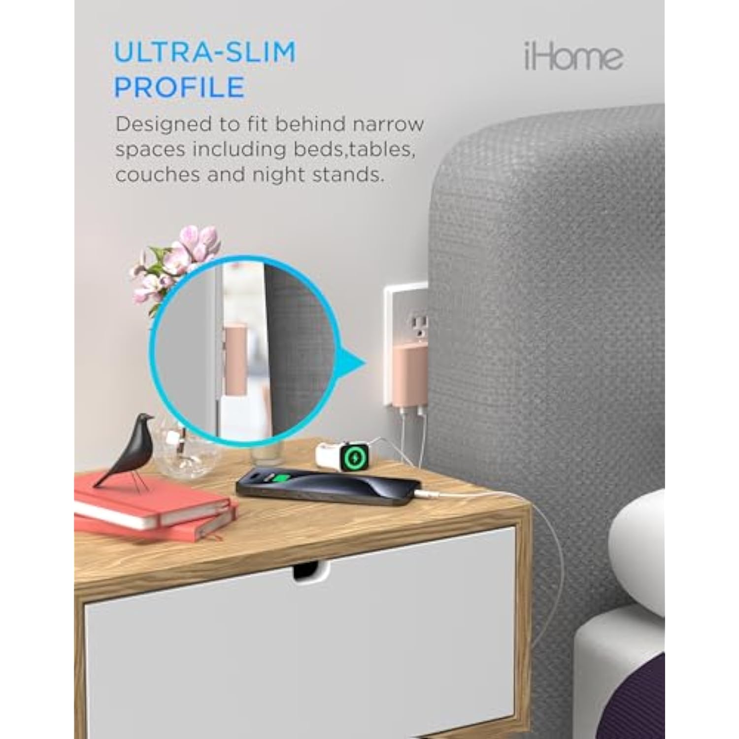 iHome 32W AC Pro Multi Port USB Wall Charger Block - Charging Station for Multiple Devices with 3 Ports (1 USB-C, 2 USB-A) - Fast Charging, Universal Compatibility (Pastel Pink)