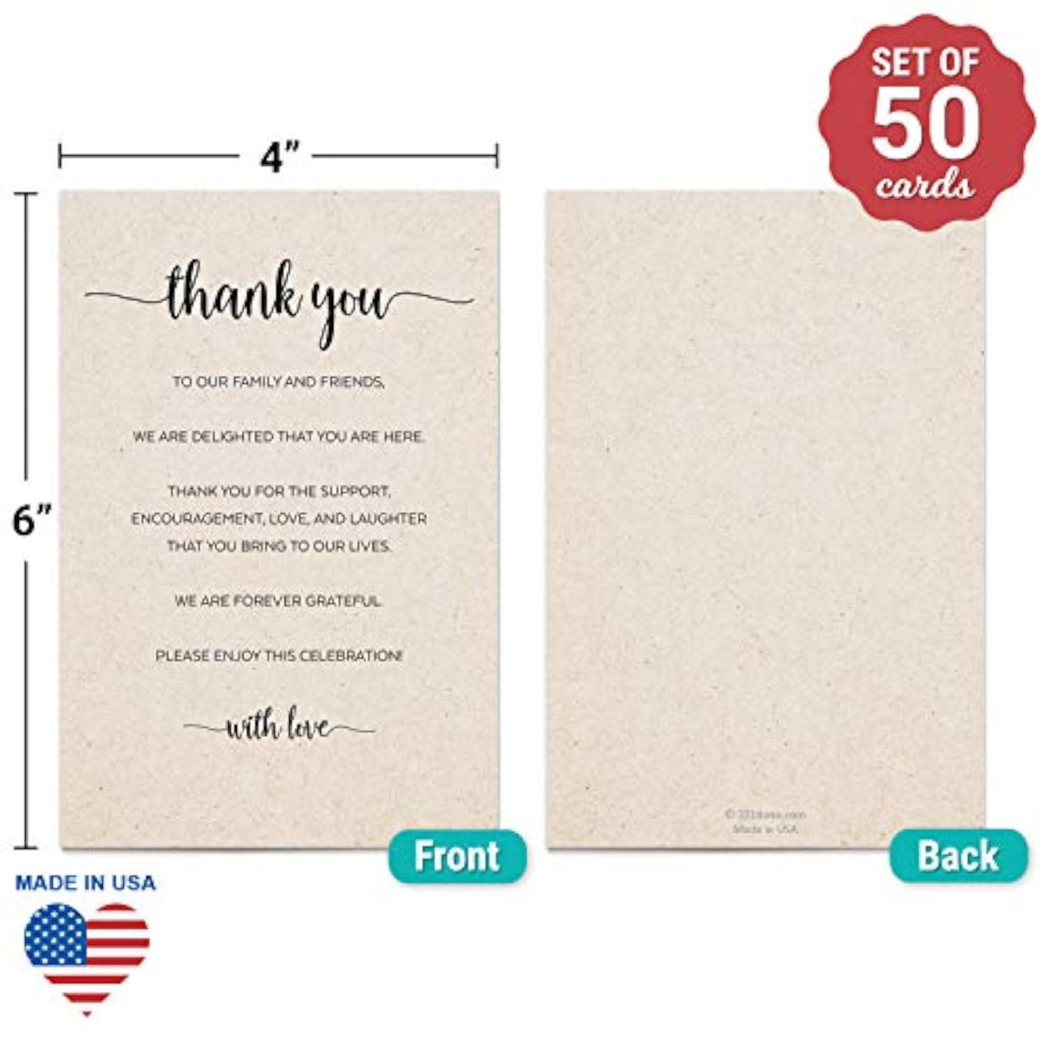 Thank You Table Place Setting Cards (Set Of 50) Made In Usa - 4X6 Large, Rustic Kraft Tan, Wedding, Party, Retirement, Graduation, Birthday, Baby Shower, Bridal, Engagement, Anniversary