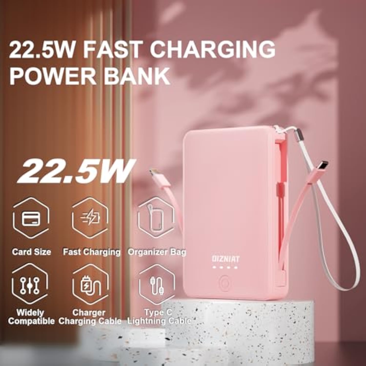 Slim Portabel Charger,10000Mah Power Bank Battery Pack Fast Charging With Built In Usb C And ?Type C Fast Charger, Tsa Approved Power Bank For Iphone 17/11/12/13/14/15/16 Android Samsung - Pink