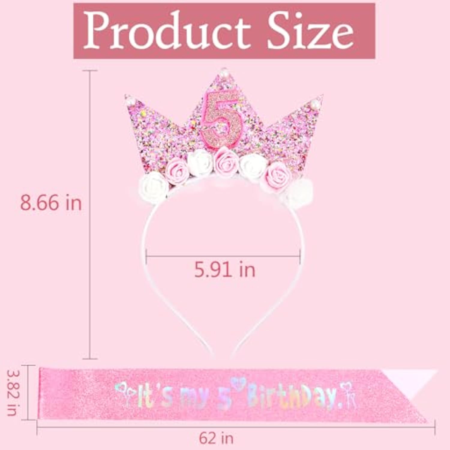 5Th Birthday Decorations For Girls, Birthday Girl Headband & Glitter Sash Set For 5 Year Old Girl Birthday Decorations, Birthday Flower Princess Crown Headband For Happy 5Th Birthday Girl Outfit