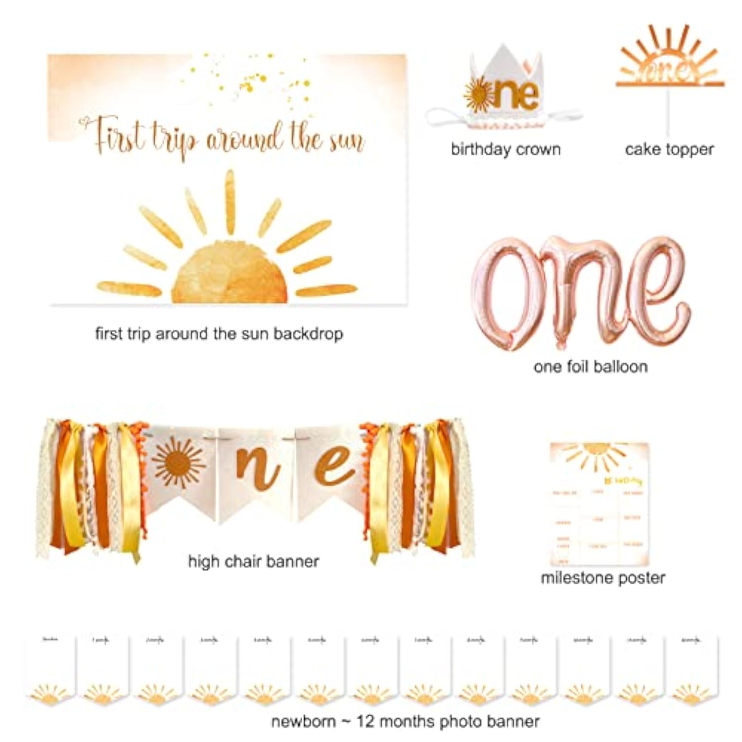 First Trip Around The Sun Birthday Decorations For Girl, Boho Sun 1St Birthday Party Supplies, Sun Theme First Bday Party Supplies