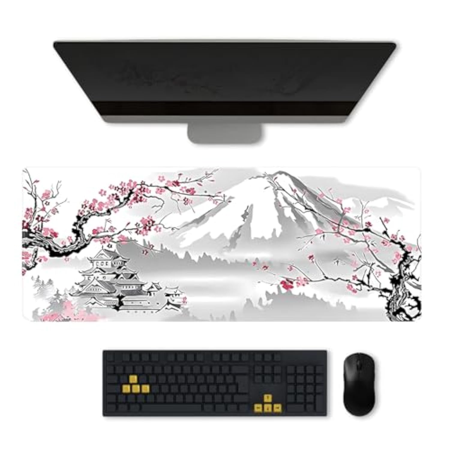 Large Gaming Mouse Pad 31.5 X 11.8 Inches, Extended Anime Mousepad, Long Keyboard Mat With Non-Slip Base, Full Mouse Mat With Stitched Edges (Cherry Blossom Mountain)