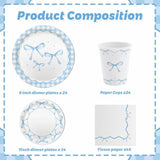 Blue Bow Party Decorations, Baby Blue Bow Plates And Napkins, Light Blue Coquette Birthday Decorations, Bowkont Disposable Dinnerware, Baby Shower Party Tableware Decor, Serves 24