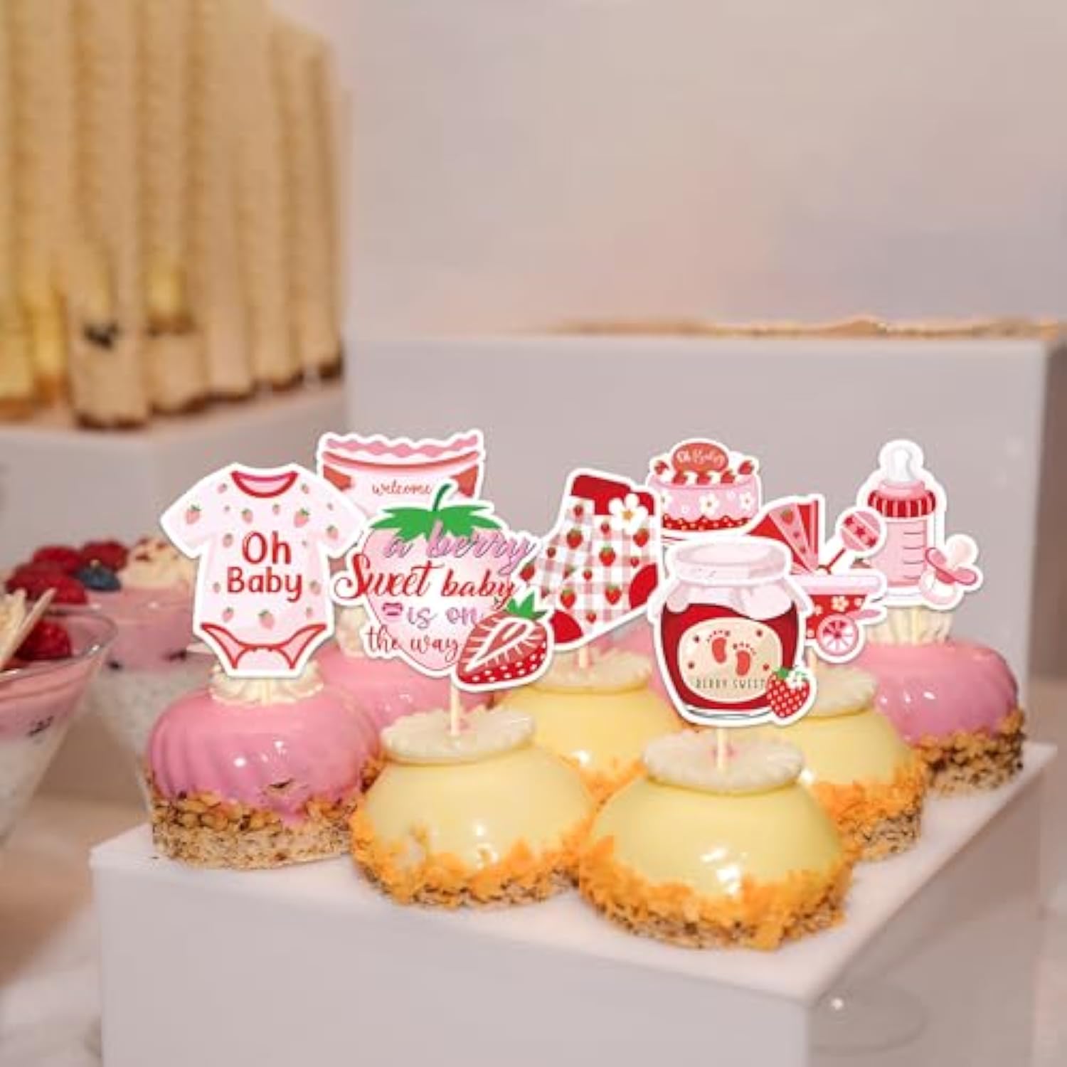 Strawberry Baby Shower Cupcake Toppers Decorations, 36Pcs A Berry Sweet Baby Is On The Way Decoration, Gender Reveal Decor For Baby Girl