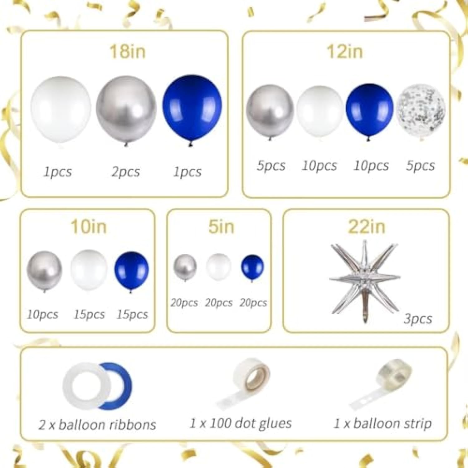 141Pcs Royal Blue And Silver Balloons Garland Arch Kit, Blue White Silver Confetti Balloon With Foil Star Balloons For 2025 Graduation Men’S Birthday Retirement Party Decorations
