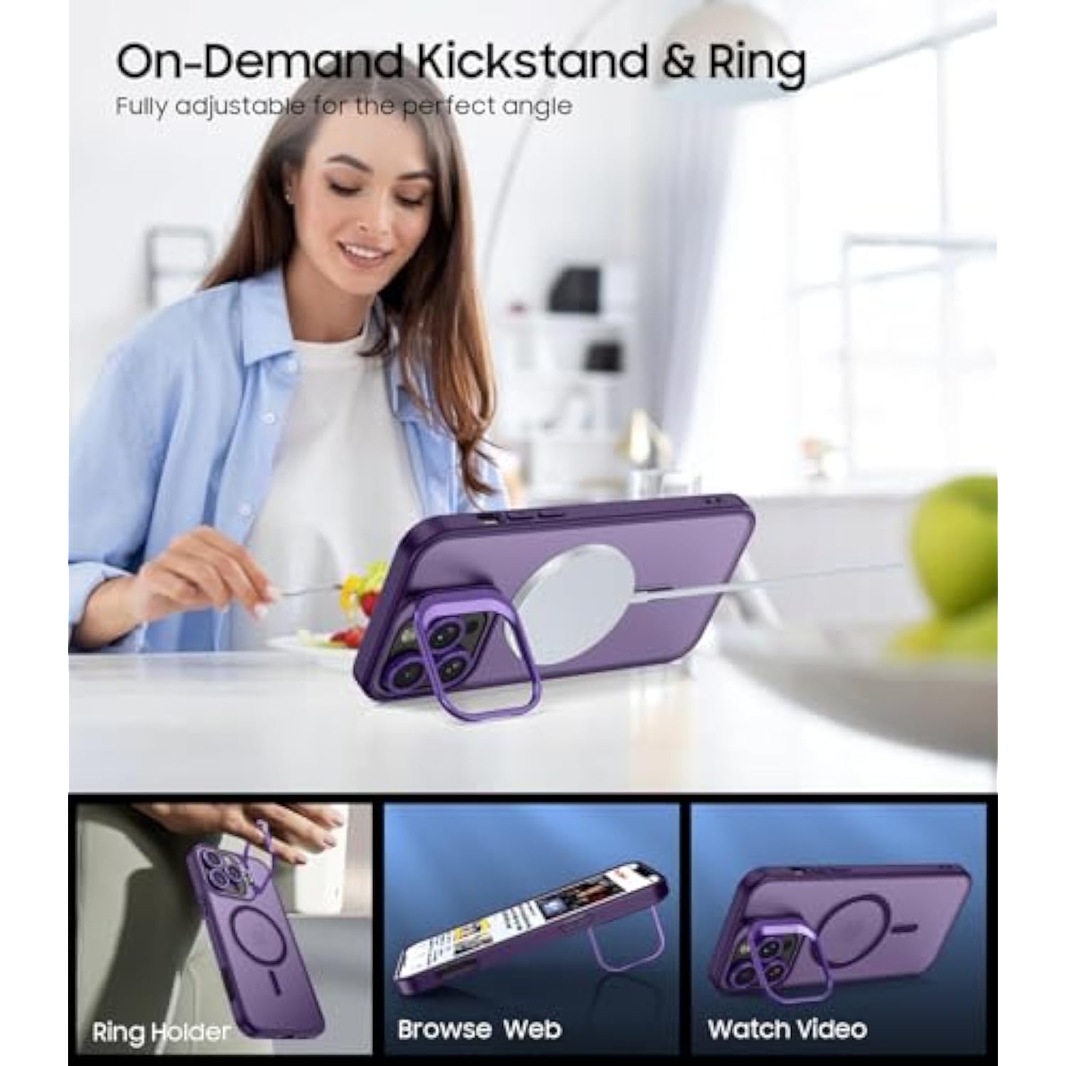 For Iphone 16 Pro Max Case, Compatible With Magsafe, Built-In Camera Ring Stand, With Individual Camera Cover, Translucent Matte Military-Grade Drop Protection Magnetic Case, Purple